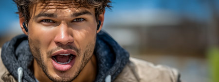 A young man with curly hair passionately expressing excitement while wearing headphones outsideの素材