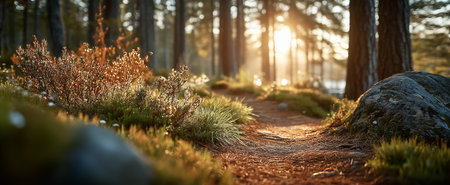 A tranquil forest path surrounded by lush greenery and soft morning sunlightの素材