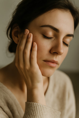 A young woman with closed eyes gently touching her face in a calm moment of reflectionの素材