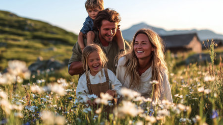A happy family playing together in a vibrant flower field, enjoying nature and sunshineの素材