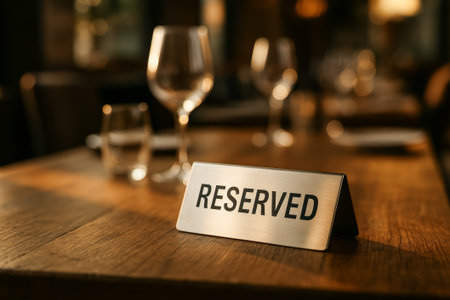 A reserved sign placed on a wooden table in a cozy restaurant settingの素材