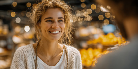 A young woman with wavy hair smiling joyfully in a vibrant market atmosphereの素材