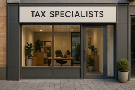 A contemporary tax specialists office featuring glass windows and minimalistic interior decorの素材