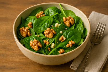 A healthy fresh spinach salad topped with walnuts and cheese in a ceramic bowlの素材