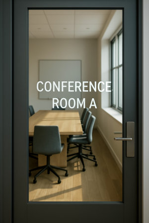 The glass door displays the label conference room a with a visible table and chairs insideの素材