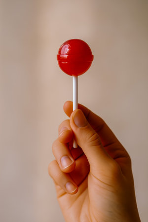A hand gently holding a shiny red lollipop in front of a soft-colored backgroundの素材