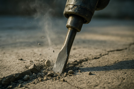 A close-up view of a chisel impacting concrete, creating dust and debris in the processの素材