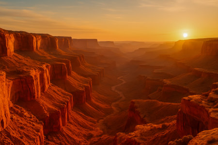 A stunning canyon landscape illuminated by a vibrant sunset, showcasing rugged cliffs and valleysの素材