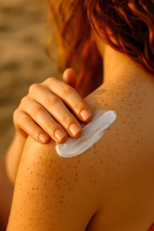 A hand applying sunscreen lotion to a shoulder with freckles in a natural settingの素材