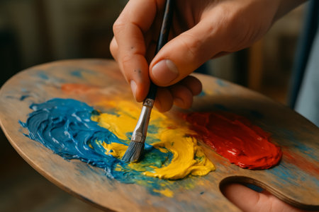 An artist's hand uses a brush to mix bright paints on a wooden paletteの素材