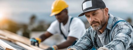 Two construction workers focus on their tasks while collaborating on a building project outdoorsの素材