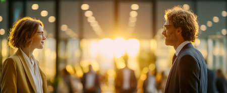 A professional man and woman smiling at each other in a beautifully lit office settingの素材