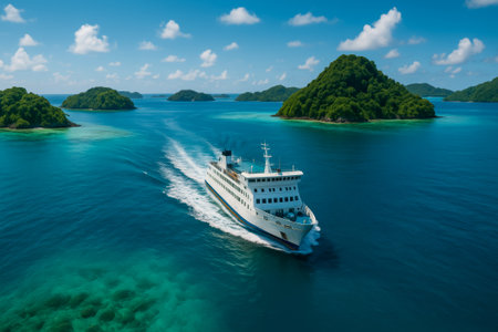 A ferry navigates through turquoise waters surrounded by lush green islands under a blue skyの素材
