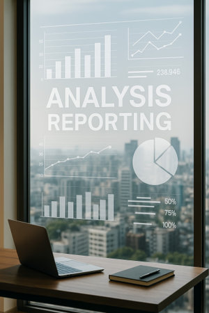 A modern workspace featuring analytical reports and graphs on a window paneの素材