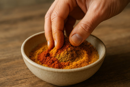 A hand is reaching into a bowl filled with vibrant spices on a wooden surfaceの素材