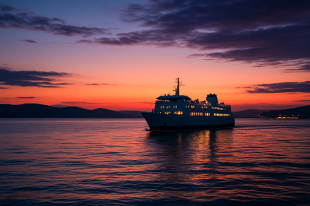 A ferry glides across tranquil waters under a beautiful sunset sky, reflecting warm colorsの素材