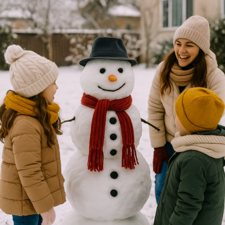 A family plays in the snow, smiling at their snowman wearing a hat and scarfの素材