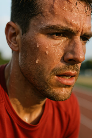 A determined man sweating profusely after an intense workout, showing motivation and effortの素材