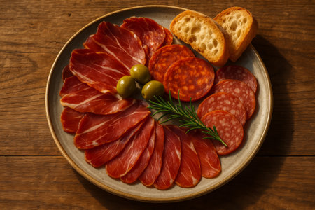 A beautifully arranged plate of cured meats, olives, and bread on a rustic wooden tableの素材