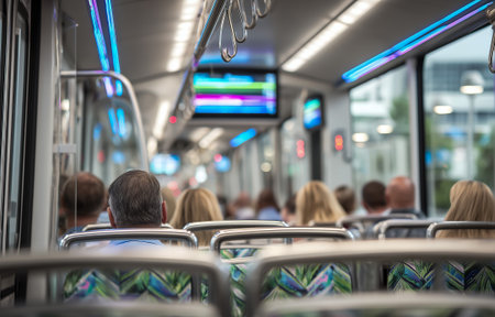 A view of commuters inside a modern public transport vehicle with colorful seating and screensの素材