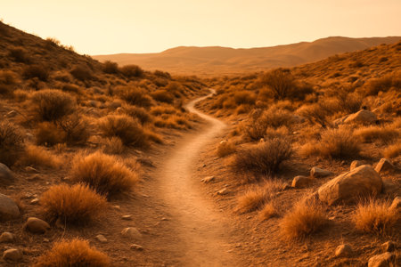A serene dirt path meanders through a desert landscape bathed in warm sunset tonesの素材