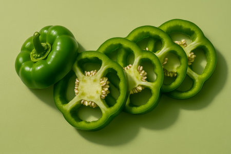 Fresh green bell pepper with slices arranged artfully on a smooth green backgroundの素材