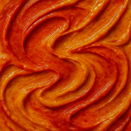 A close-up of a vibrant red and orange sauce with a smooth, glossy textureの素材