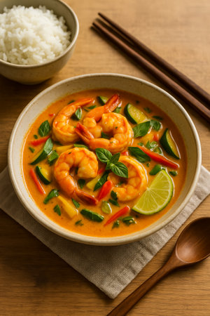 A flavorful shrimp soup accompanied by rice, featuring fresh vegetables and limeの素材