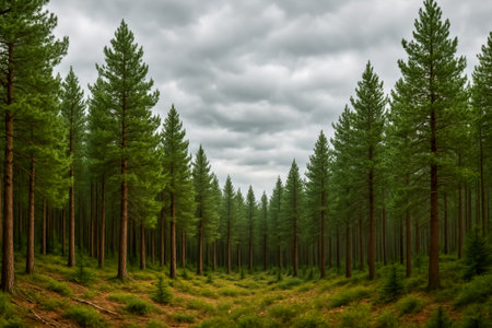A serene coniferous forest featuring tall trees under a cloudy sky backdropの素材
