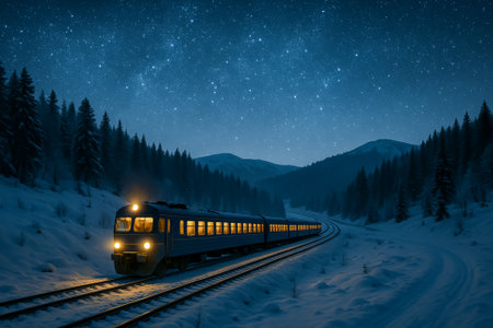 A train navigates a snowy landscape surrounded by pine trees beneath a clear starry skyの素材