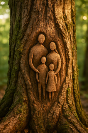 A beautifully carved family figure set into a tree trunk in a serene forest environmentの素材