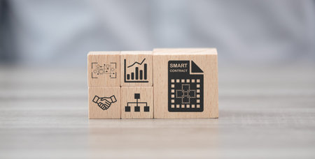 Wooden blocks with symbol of smart contract concept