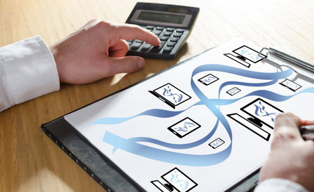 Network communication concept with hand using a calculator