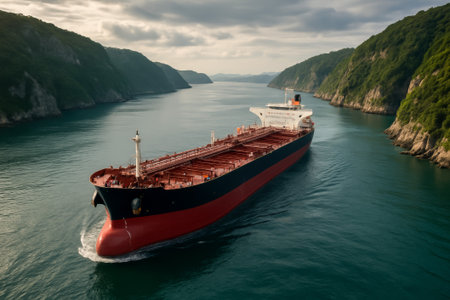 A large cargo ship moves through a beautiful waterway surrounded by green hills and cliffsの素材