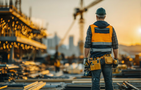 A construction worker stands with tools, observing the site during a beautiful sunsetの素材