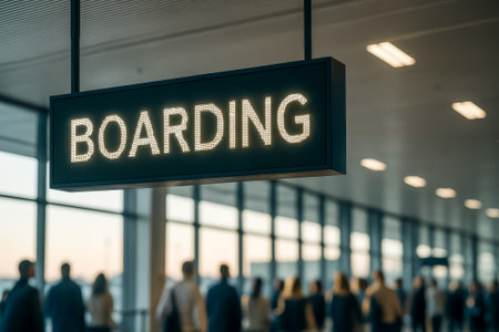 An airport boarding sign illuminated above a crowd of travelers waiting to board a flightの素材