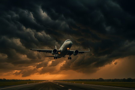 An airplane approaches the runway against a backdrop of dark storm clouds and sunsetの素材