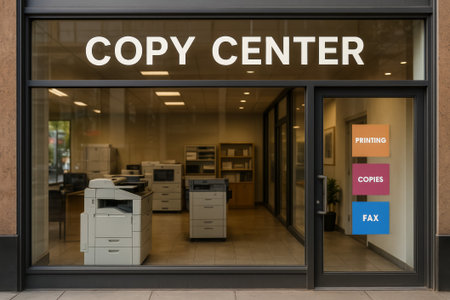 A modern copy center window displaying services like printing, copies, and faxing to customersの素材