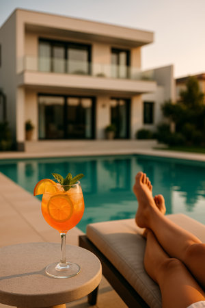 A vibrant cocktail sits beside a relaxing pool, capturing summer leisure and enjoymentの素材