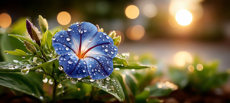 A beautiful blue flower adorned with water droplets, basking in warm sunlight outdoorsの素材