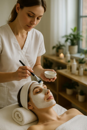 A woman gets a facial treatment from a beautician in a calm and relaxing spa settingの素材