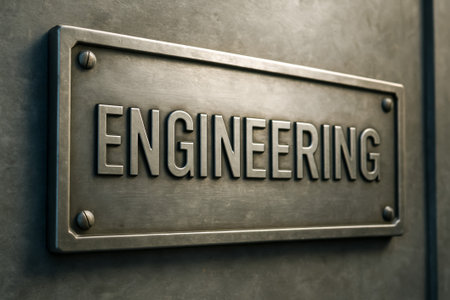 A close-up of an engineering sign mounted on a metallic background, highlighting texturesの素材
