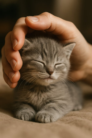 A cute gray kitten with closed eyes being lovingly petted, showing a calm expressionの素材