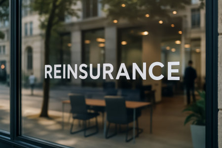 A modern office window displaying the word reinsurance in bold letteringの素材
