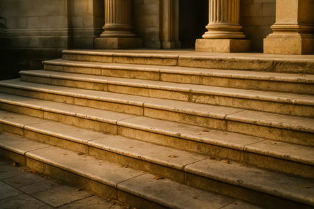 Stone steps illuminated by warm light, featuring scattered autumn leaves on the surfaceの素材