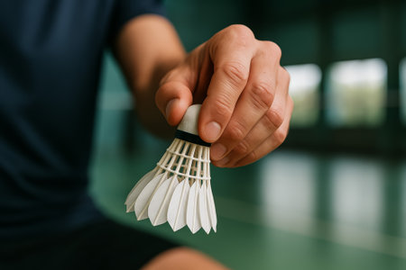 A player gripping a badminton shuttlecock, preparing for a game on the courtの素材