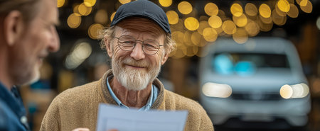 An elderly man with glasses smiles while reading a document in a lively market environmentの素材
