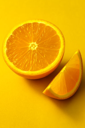 A vibrant orange cut in half, showcasing its juicy interior against a bright yellow backgroundの素材