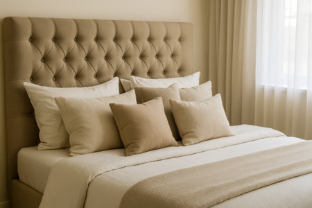 A cozy bedroom featuring a tufted headboard adorned with various pillows in neutral tonesの素材