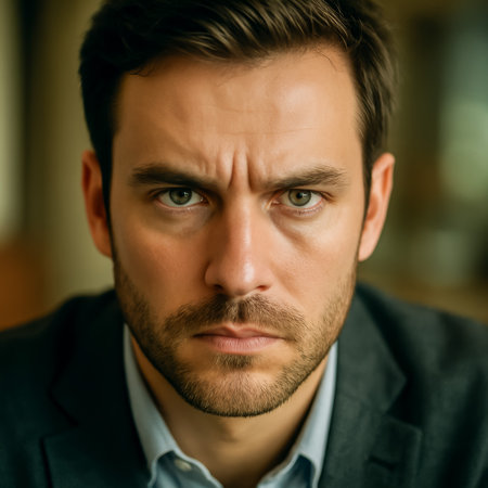 A young man with a serious expression, wearing a jacket, gazing intensely toward the cameraの素材